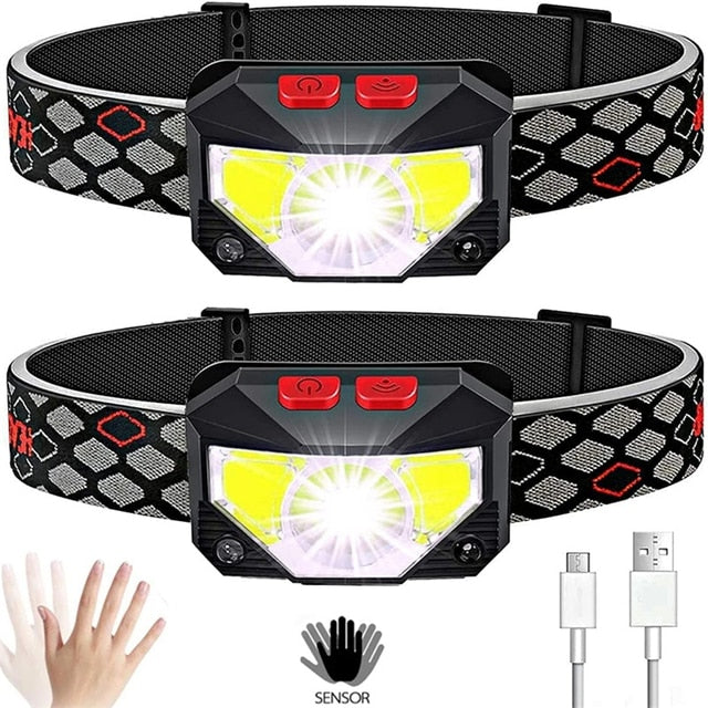 2 pack Powerful LED Headlight Sensor Head Light USB Rechargeable Headlamp Head Torch Waterproof Flashlights for Camping Hiking