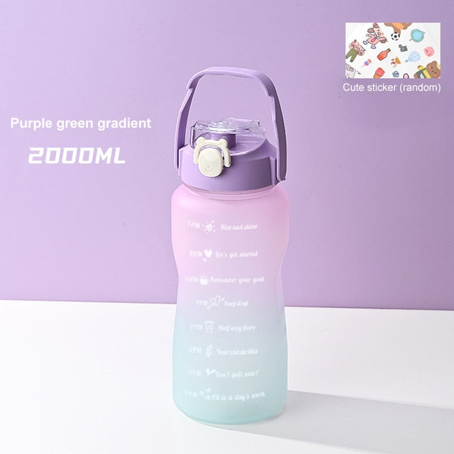 2L Water Bottle With Straw Time Marker Plastic Water Cup Large Capacity