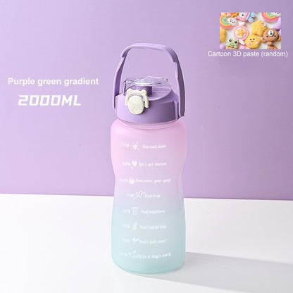 2L Water Bottle With Straw Time Marker Plastic Water Cup Large Capacity