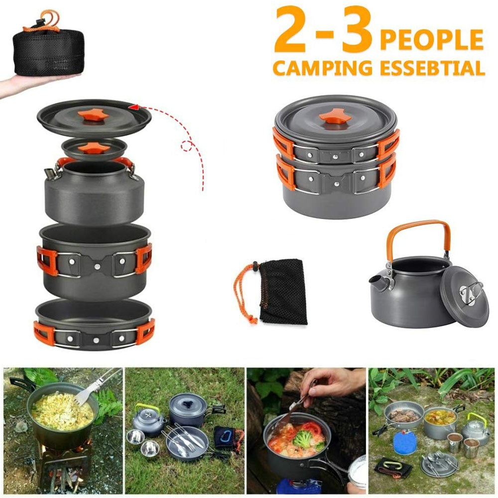 Camping Cookware Kit Outdoor Aluminum Cooking Set Water Kettle Pan