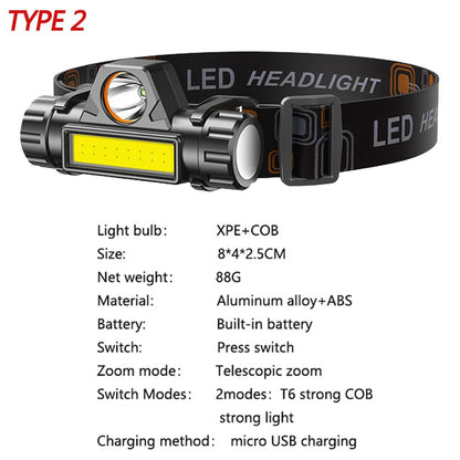 Powerful COB LED Headlamp Camping Headlight Waterproof