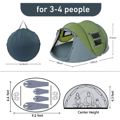 3-4 People Outdoor Throw Open Tent Automatic Pop Up Tents Waterproof Large Space Family Tent for Camping Hiking Tourist