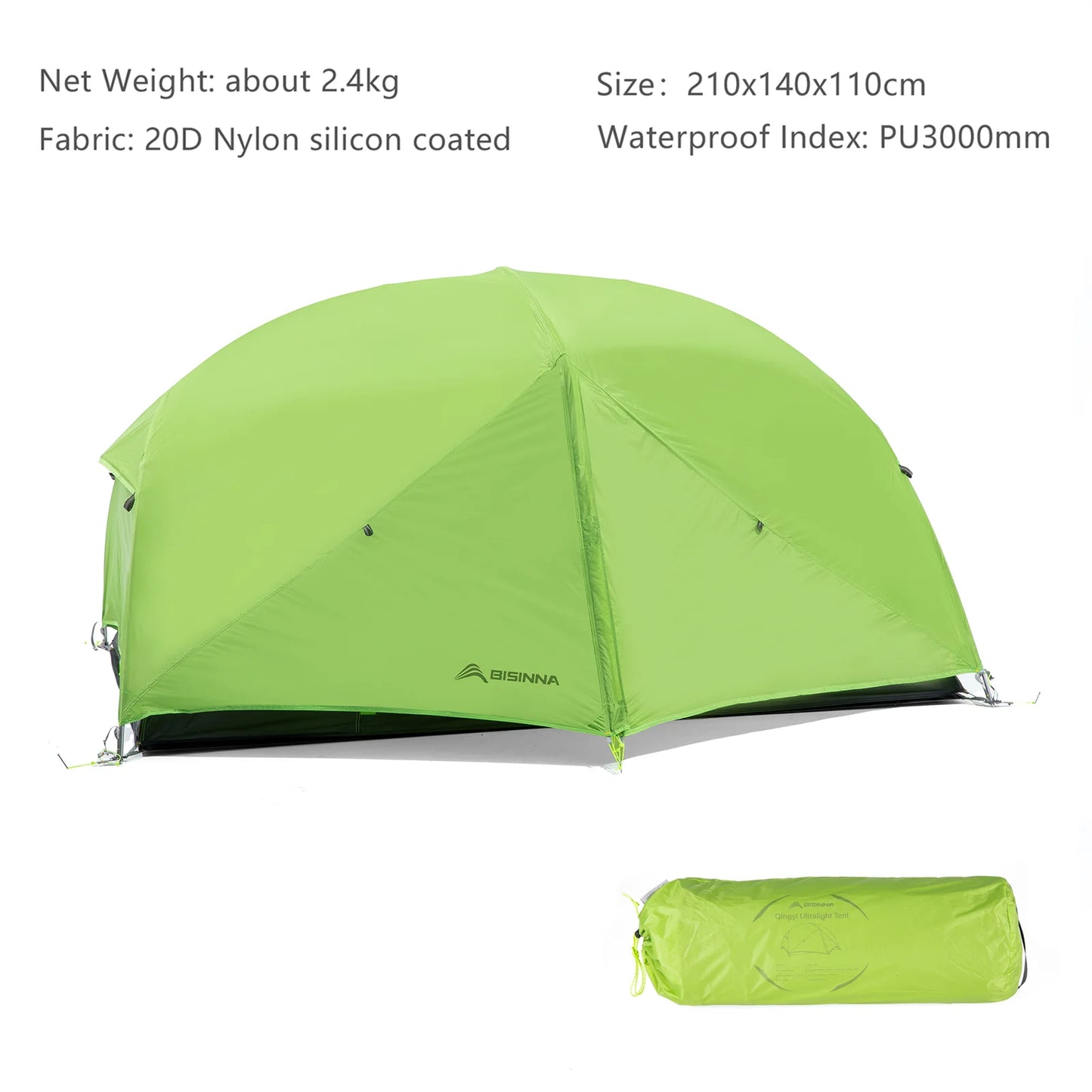 BISINNA 2 Person Ultralight Camping Tent 20D 380T Nylon Double Layer Waterproof Backpacking Tent for Hiking Travel with free mat