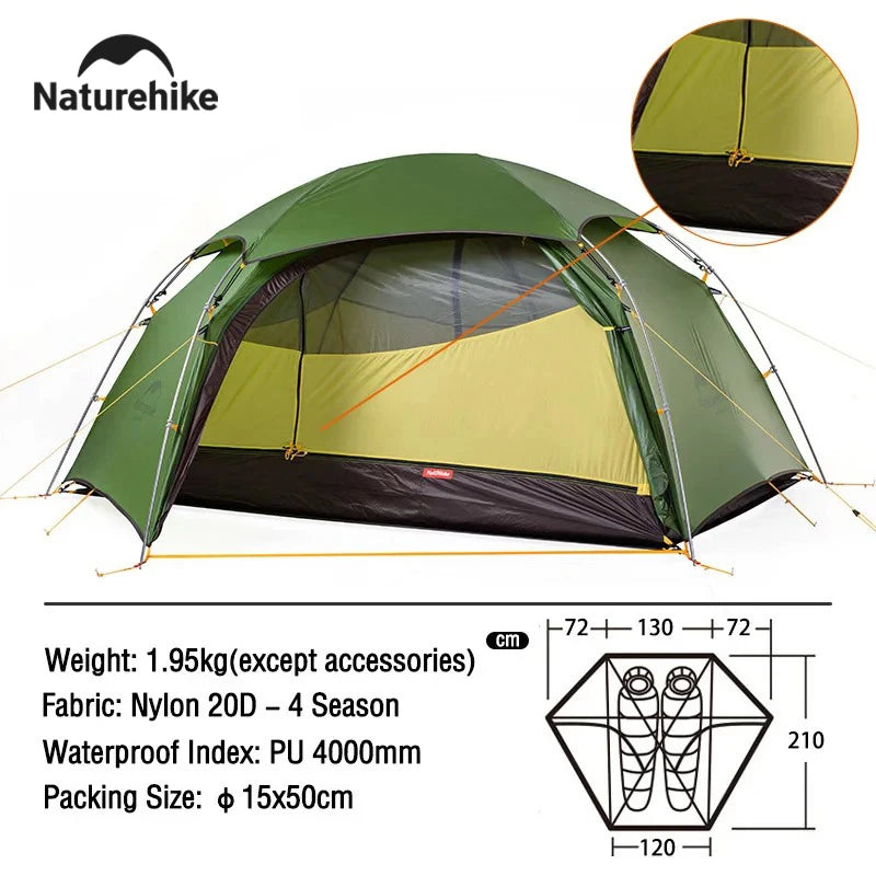 Naturehike Cloud Peak Camping Tent Waterproof Portable T-shape Zipper Hiking Tent Outdoor 4 Season Nylon 2 Person Backpack Tent