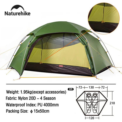 Naturehike Cloud Peak Camping Tent Waterproof Portable T-shape Zipper Hiking Tent Outdoor 4 Season Nylon 2 Person Backpack Tent